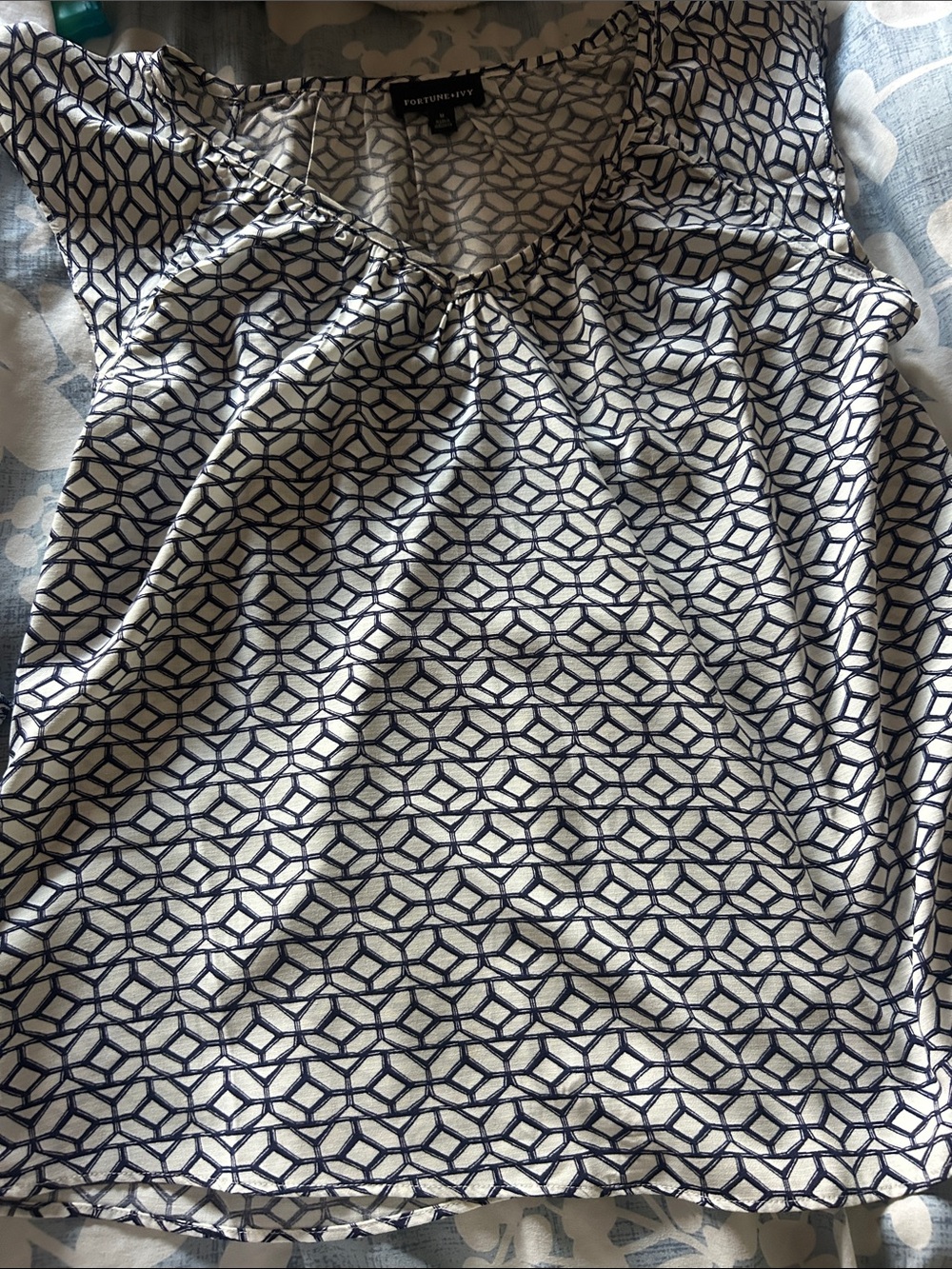 White and Navy Geometric Cap-Sleeve Blouse by Worthington